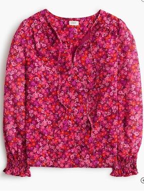 J. Crew Vibrant Pink and Orange Floral Peasant Blouse